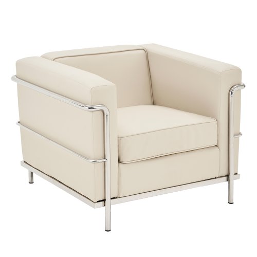 Contemporary Cubed Leather Faced Single Seater Reception Chair with Stainless Steel Frame and Integrated Leg Supports - Ivory