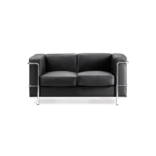 Belmont Contemporary Cubed Leather Faced Two Seater Reception Chair with Stainless Steel Frame and Integrated Leg Supports - Black
