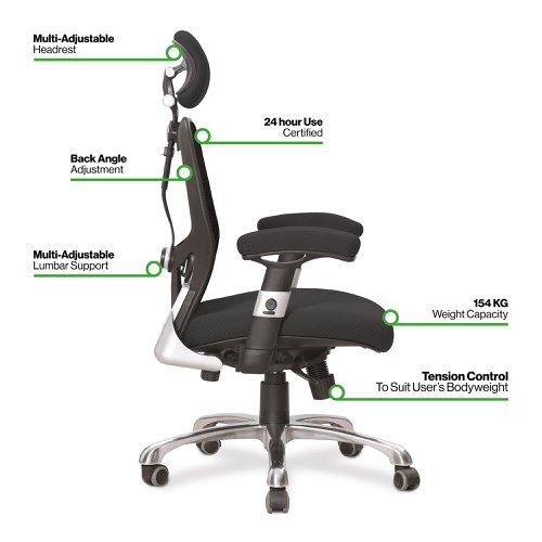 Ergo Ergonomic Luxury High Back Executive Mesh Chair with Chrome Base Certified for 24 Hour Use - Guyana/Black | ERGO/YP051/BK | Nautilus Designs