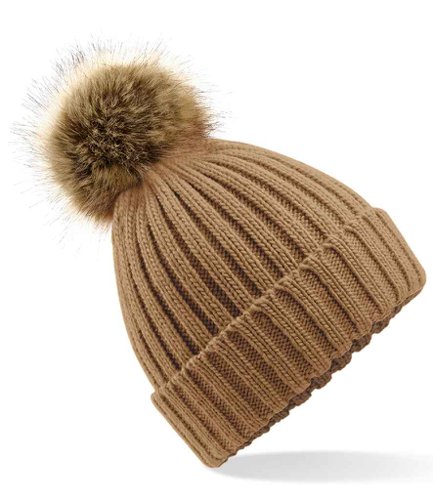Beechfield Faux Fur Pop Pom Chunky Beanie Biscuit