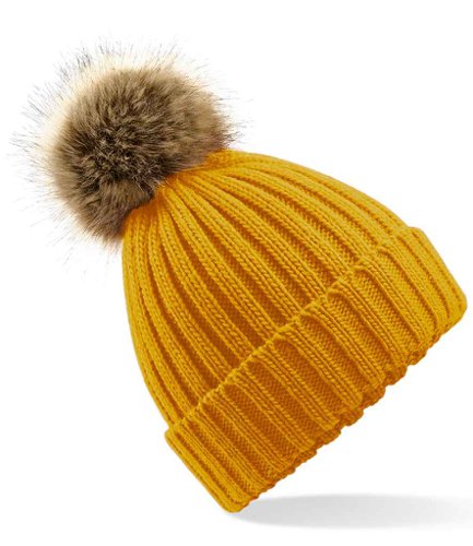 Beechfield Faux Fur Pop Pom Chunky Beanie Mustard
