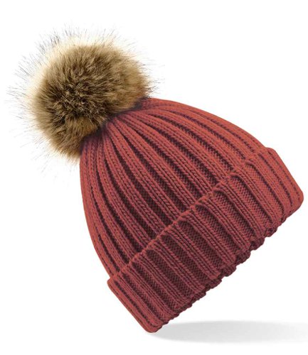 Beechfield Faux Fur Pop Pom Chunky Beanie Orange Rust