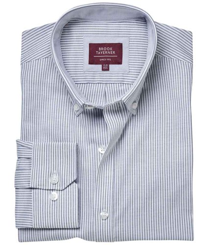 Brook Taverner Lawrence Long Shirt Stretch Oxford Shirt Silver Grey Stripe 14