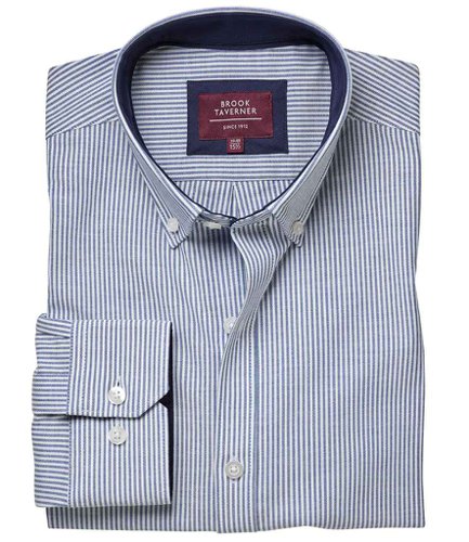 Brook Taverner Lawrence Long Shirt Stretch Oxford Shirt Navy Stripe 14
