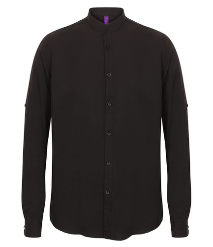 Henbury Mandarin Roll Sleeve Anti-Bac Wicking Shirt Black
