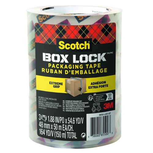 3M Scotch Box Lock Shipping Packaging Tape 48mm x 50m Clear (Pack 3) 3950-LR3-DC
