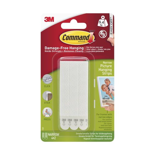 3M Command Narrow Picture Hanging Strips White (Pack 4) 17207