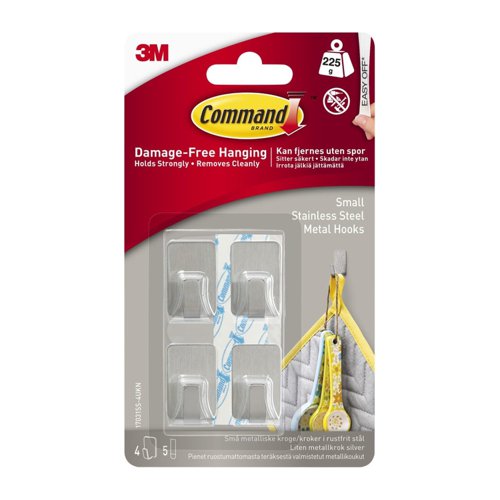 3M Command Small Stainless Steel Hook (Pack 4) 17031SS-4