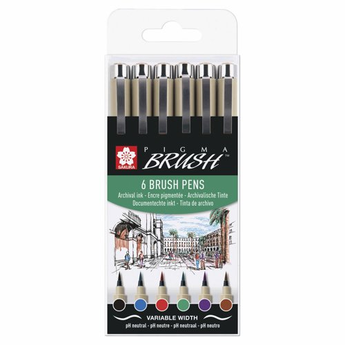 Sakura Pigma Brush Pen Set Assorted Colours (Pack 6) POXSDKBR6
