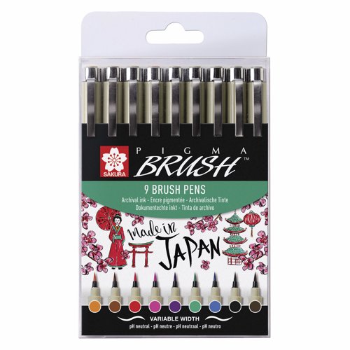 Sakura Pigma Brush Pen Set Assorted (Pack 9) POXSDKBR9