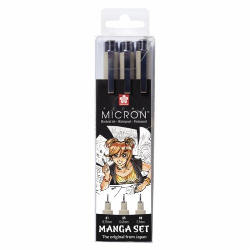 Sakura Pigma Micron Fineliner Set Manga Collection 3 Sizes Black (Pack 3) POXSDKMAN3
