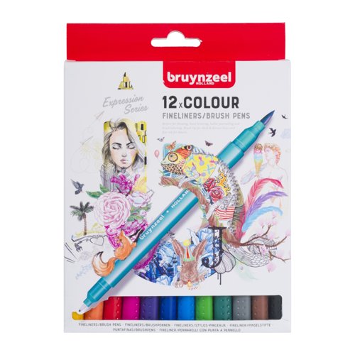 Bruynzeel Fineliner/Brush Pen Set Assorted Colours (Pack 12) 60325012