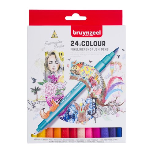 Bruynzeel Fineliner/Brush Pen Set Assorted Colours (Pack 24) 60325024