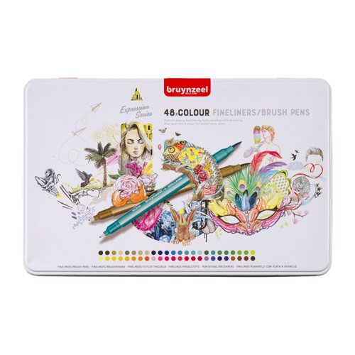 Bruynzeel Fineliner/Brush Pen Set Assorted Colours (Pack 48) 60325048