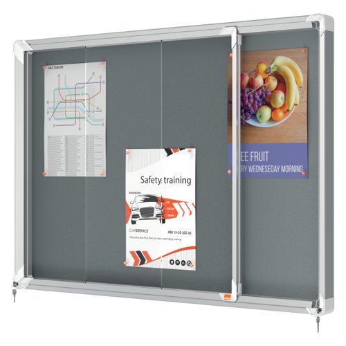 Nobo Premium Plus Lockable Sliding Door Felt Noticeboard 8xA4 Sheets Grey 1915336