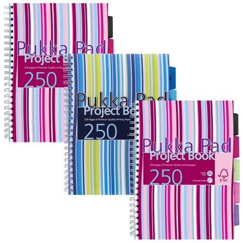 Pukka Stripes Project Book Polypropylene A4 250pages Blue/Pink (Pack 3) PROBA4