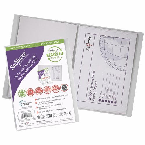 Snopake 100% Recycled Presentation Display Book 20 pocket A5 Clear 11941