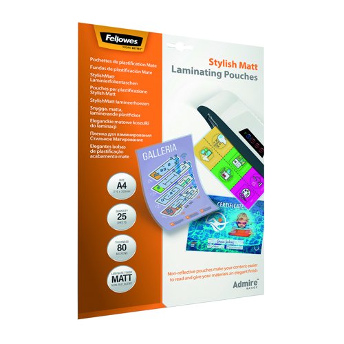 Fellowes Stylish Matt Laminating Pouch A4 2x80micron (Pack 25) 5602101