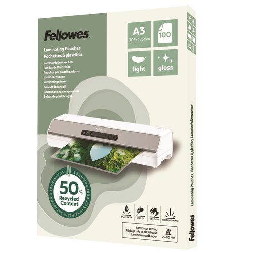Fellowes Recycled Laminating Pouches Gloss A3 Light Duty 2x75micron (Pack 100) 100142988
