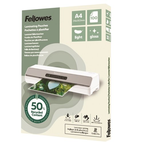 Fellowes Recycled Laminating Pouches Gloss A4 Light Duty 2x75micron (Pack 100) 100142987