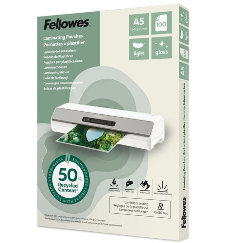 Fellowes Recycled Laminating Pouches Gloss A5 Light Duty 2x75micron (Pack 100) 100143440