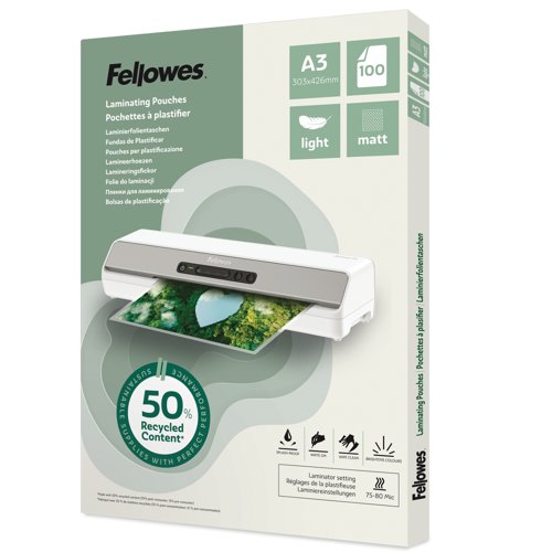 Fellowes Recycled Laminating Pouches Matt A3 Light Duty 2x75micron (Pack 100) 100143436