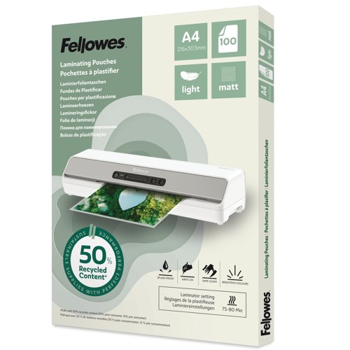 Fellowes Recycled Laminating Pouches Matt A4 Light Duty 2x75micron (Pack 100) 100143435