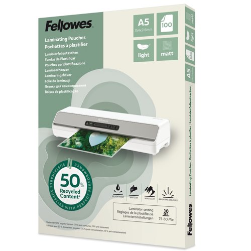 Fellowes Recycled Laminating Pouches Matt A5 Light Duty 2x75micron (Pack 100) 100143437