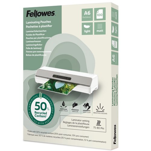 Fellowes Recycled Laminating Pouches Matt A6 Light Duty 2x75micron (Pack 100) 100143438
