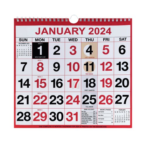 Wirebound Calendar 2024 Month to View 249x321mm