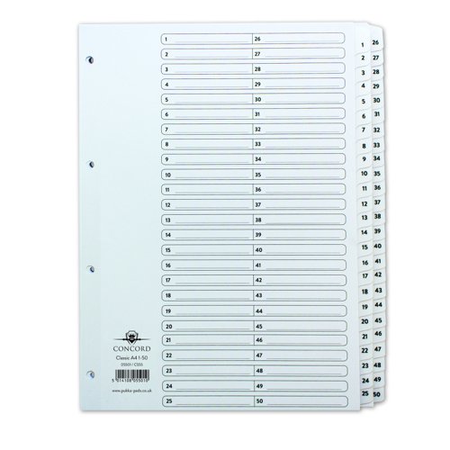 Concord Classic Index 1-50 Numeric A4 White 05501/CS55