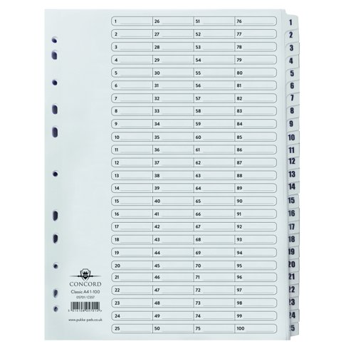 Concord Classic Index 1-100 Numeric A4 White 05701/CS57