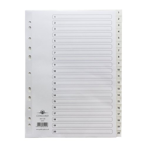 Concord Polypropylene Index 1-20 Numeric A4 White 64401