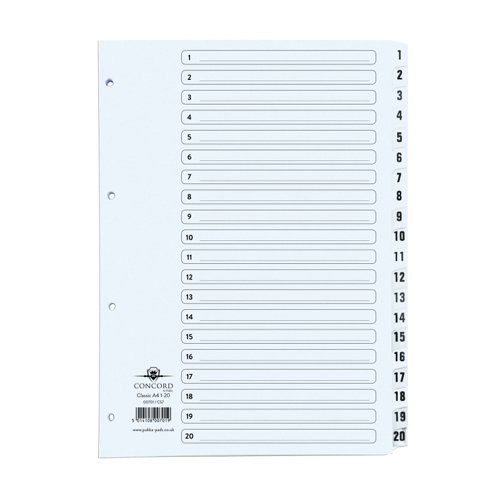 Concord Classic Index 1-20 Numeric A4 White 00701/CS7