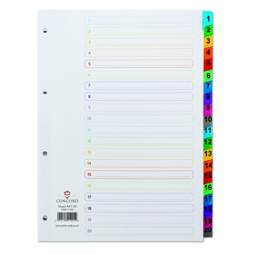 Concord Multicoloured Index 1-20 Numeric A4 01901/CS19