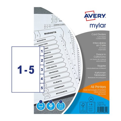 Avery Bright White Mylar Index 1-5 Numeric Unpunched A4 05247061