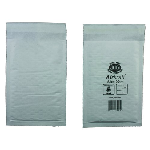 Jiffy Airkraft Bubble Lined Bag Size 00 115x195mm White (Pack 200) JL-00 668102