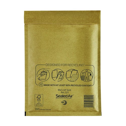 Mail Lite Bubble Lined Bag D/1 180x260mm Gold (Pack 100) MLG1 612071