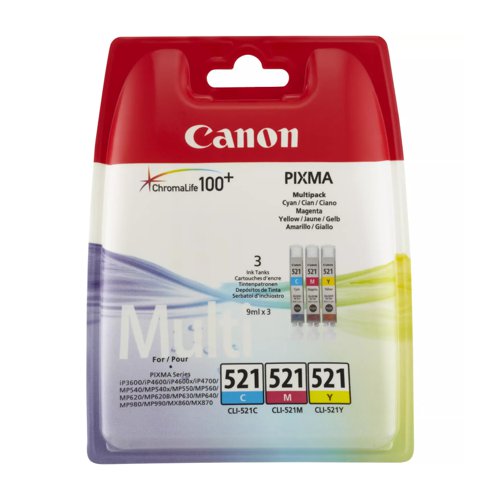 Canon No.521 Inkjet Cartridge Cyan/Magenta/Yellow Value Pack CLI-521 2934B007