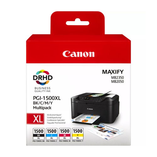 Canon No.1500 Inkjet Cartridge High Capacity Black/Cyan/Magenta/Yellow Value Pack PGI1500XL 9182B004