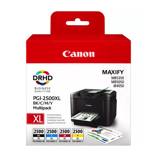 Canon No.2500 Inkjet Cartridge High Capacity Black/Cyan/Magenta/Yellow Value Pack PGI2500XL 9254B004