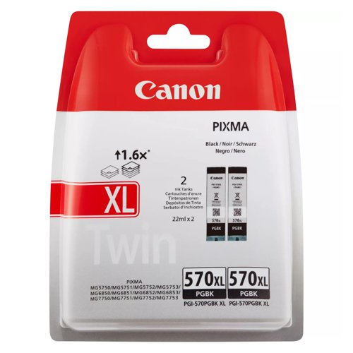 Canon No.570 Inkjet Cartridge High Capacity Black (Pack 2) PGI-570BK XL 0318C007
