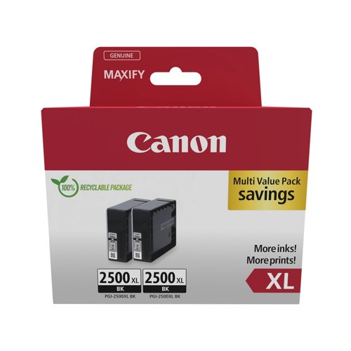 Canon No.2500 Inkjet Cartridge High Capacity Black (Pack 2) PGI-2500XL 9254B011