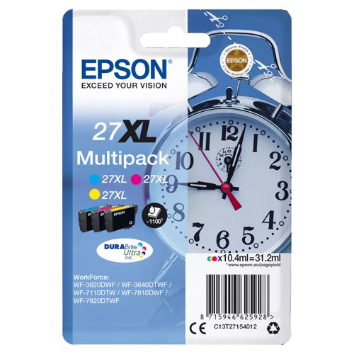 Epson No.27XL Inkjet Cartridge High Capacity Cyan/Magenta/Yellow Value Pack T27154012