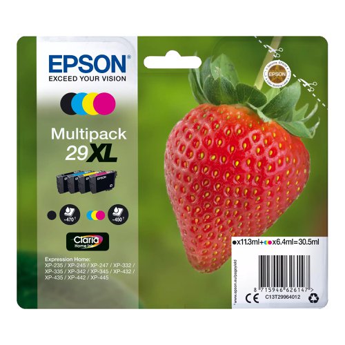 Epson No.29XL Inkjet Cartridge High Capacity Black/Cyan/Magenta/Yellow Value Pack T29964012
