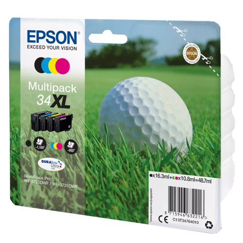 Epson No.34XL Inkjet Cartridge High Capacity Black/Cyan/Magenta/Yellow Value Pack T34764010