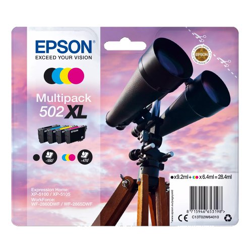 Epson No.502XL Inkjet Cartridge High Capacity Black/Cyan/Magenta/Yellow Value Pack T02W64010