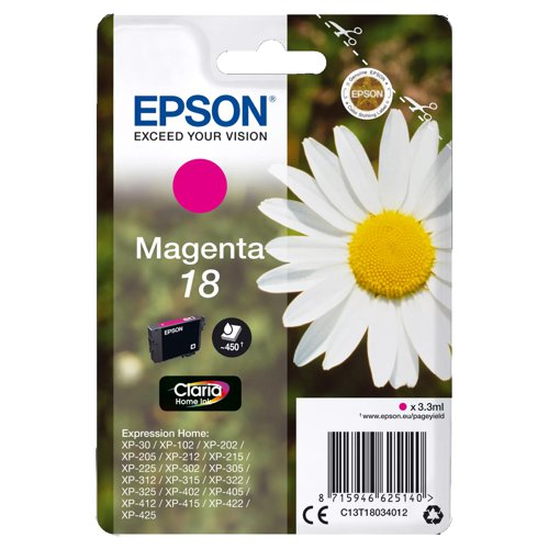 Epson No.18 Claria Inkjet Cartridge Magenta T18034010