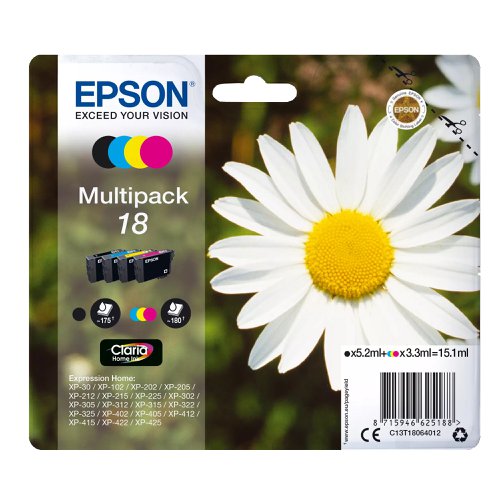 Epson No.18 Claria Inkjet Cartridge Black/Cyan/Magenta/Yellow Value Pack T18064012