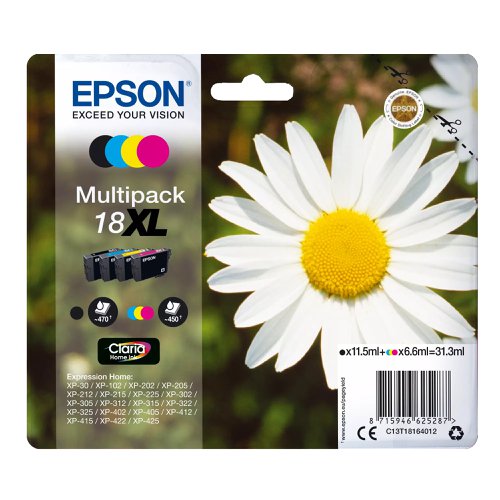 Epson No.18XL Claria Inkjet Cartridge High Capacity Black/Cyan/Magenta/Yellow Value Pack T18164012
